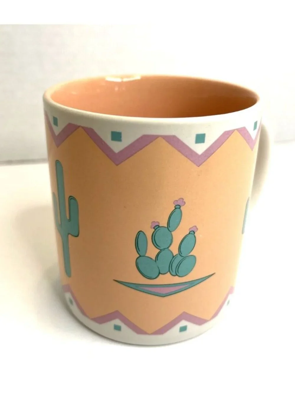 Southwest Ceramic Mug Cup Green Cactus Peach Teal Cowboy Arizona 1980s Vintage - Picture 2 of 6